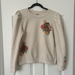 Cream Puff-Sleeve Sweatshirt with Tiger & Rose Embroidery